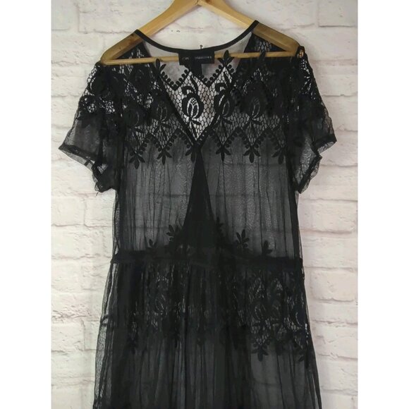 Colleen Lopez Sheer Lace Robe Coverup Lingerie 1X Black Femme Fatale Fairy Goth - Picture 7 of 9